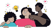 Illustration of a kid, mom & dad with a lightbulb 